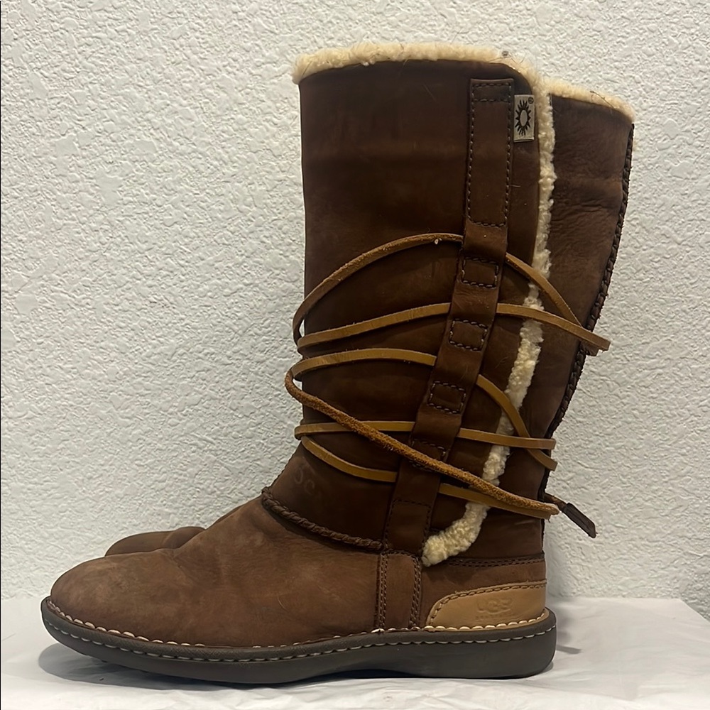 UGG Catalina Brown Suede Sheepskin Shearling Tall Wrap Boots